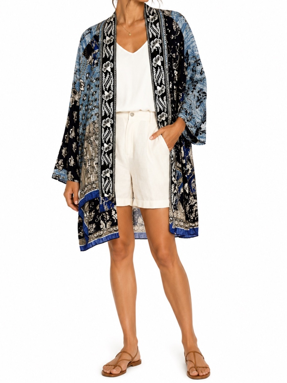 LOVE KYLA Embroidered Boho Patchwork Kimono Cardigan in Black -Blue Size Medium